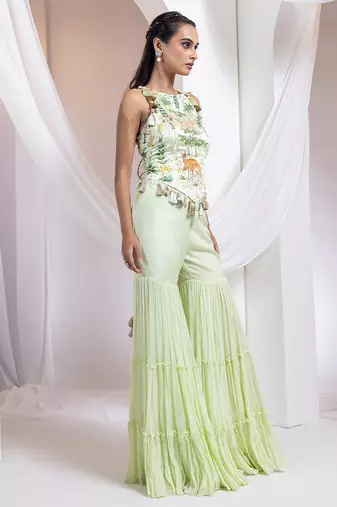 Green embroidered satin co ord set