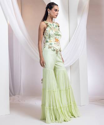 Green embroidered satin co ord set 3