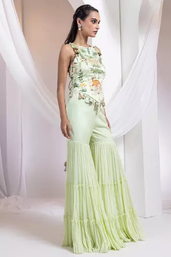 Green embroidered satin co ord set