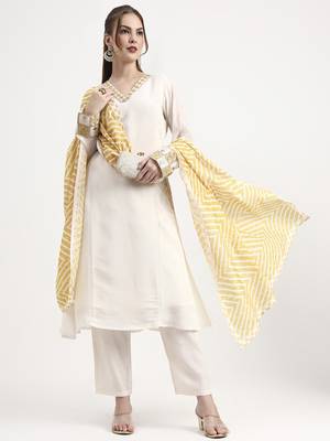 mustard yellow and off white mul chanderi silk anarkali kurta trouser dupatta set 1