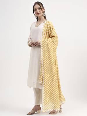 mustard yellow and off white mul chanderi silk anarkali kurta trouser dupatta set 2