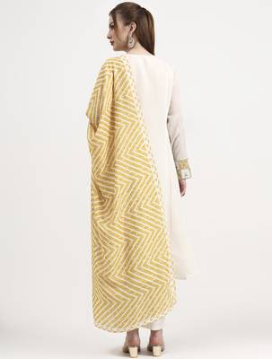 mustard yellow and off white mul chanderi silk anarkali kurta trouser dupatta set 3