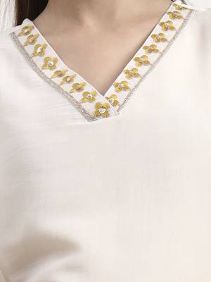 mustard yellow and off white mul chanderi silk anarkali kurta trouser dupatta set 4