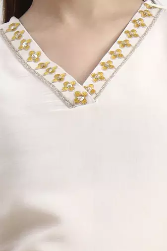 mustard yellow and off white mul chanderi silk anarkali kurta trouser dupatta set