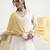 mustard yellow and off white mul chanderi silk anarkali kurta trouser dupatta set
