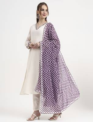purple and off white mul chanderi silk anarkali kurta trouser dupatta set 1