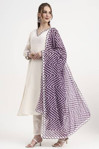 purple and off white mul chanderi silk anarkali kurta trouser dupatta set