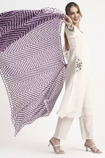 purple and off white mul chanderi silk anarkali kurta trouser dupatta set