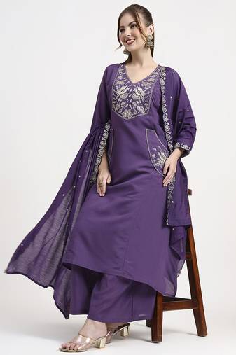roman silk purple kurta dupatta palazzo set