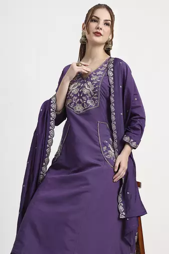 roman silk purple kurta dupatta palazzo set