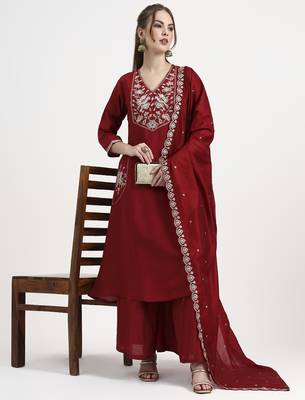 roman silk maroon kurta dupatta palazzo set 1