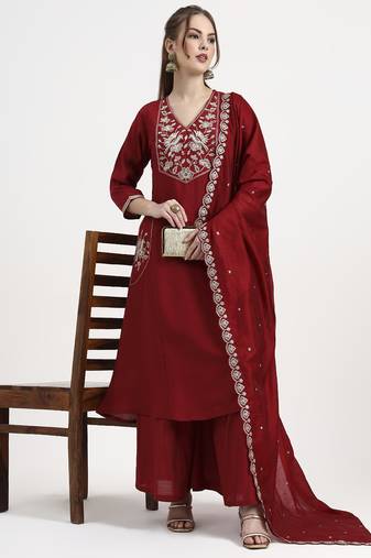 roman silk maroon kurta dupatta palazzo set