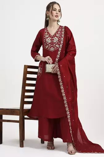 roman silk maroon kurta dupatta palazzo set