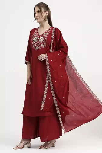 roman silk maroon kurta dupatta palazzo set
