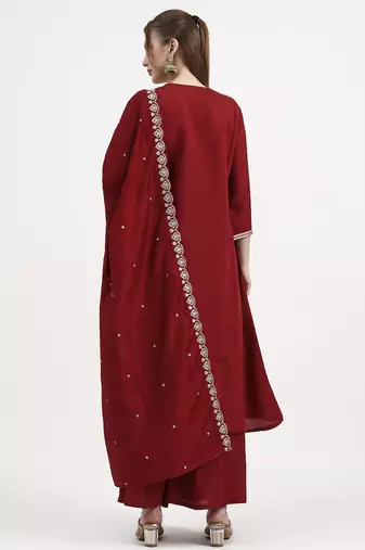 roman silk maroon kurta dupatta palazzo set