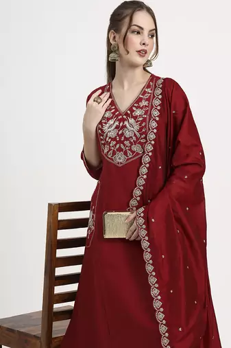 roman silk maroon kurta dupatta palazzo set