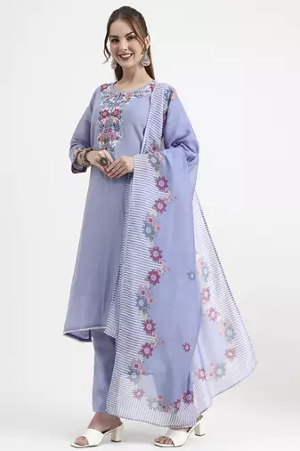 mul chanderi blue kurta dupatta pant set