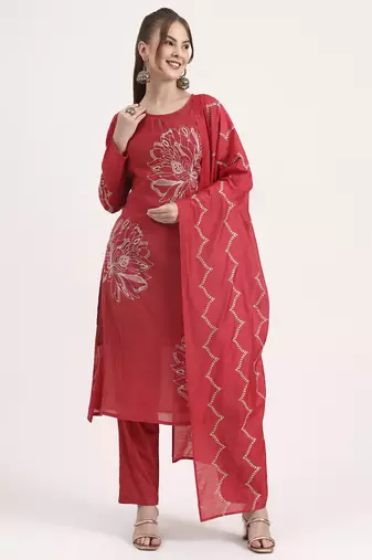 mul chanderi red kurta dupatta pant set