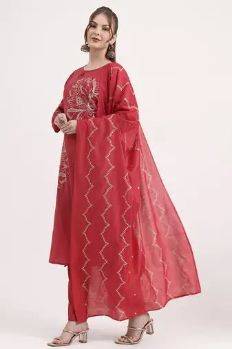 mul chanderi red kurta dupatta pant set