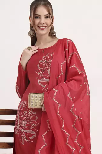 mul chanderi red kurta dupatta pant set