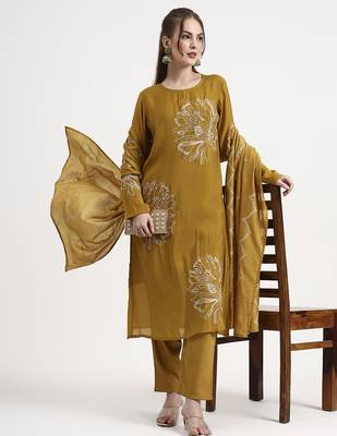 mul chanderi mustard kurta dupatta pant set 1