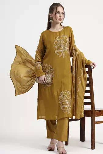 mul chanderi mustard kurta dupatta pant set