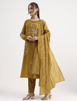 mul chanderi mustard kurta dupatta pant set 2