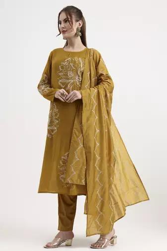 mul chanderi mustard kurta dupatta pant set