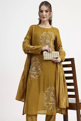 mul chanderi mustard kurta dupatta pant set