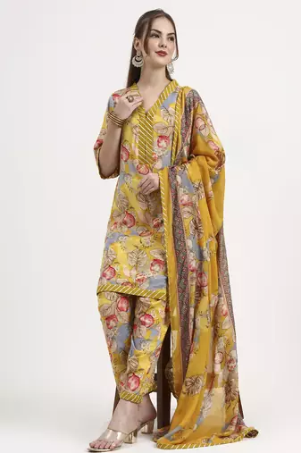 yellow lensing flare kurta dupatta set