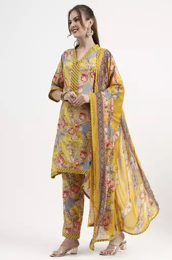 yellow lensing flare kurta dupatta set