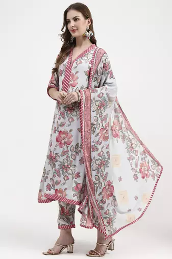 grey lensing flare kurta dupatta set
