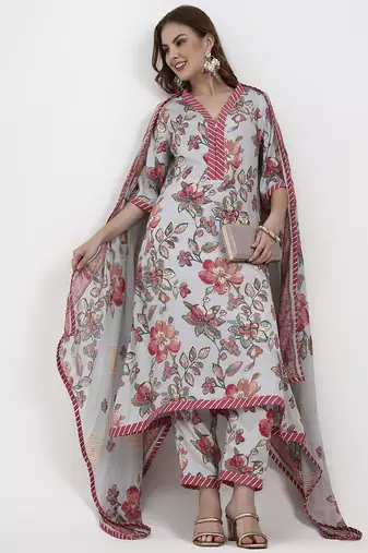 grey lensing flare kurta dupatta set