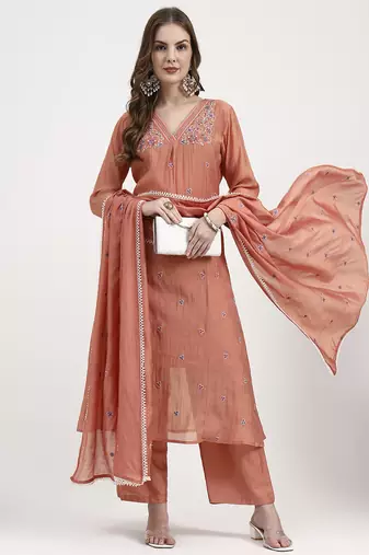peach chanderi silk kantha work anarkali kurta trouser dupatta set