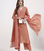 peach chanderi silk kantha work anarkali kurta trouser dupatta set