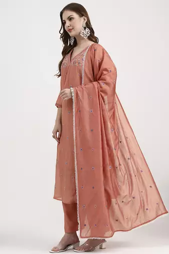 peach chanderi silk kantha work anarkali kurta trouser dupatta set