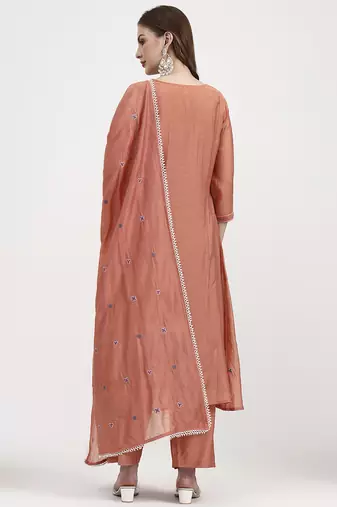 peach chanderi silk kantha work anarkali kurta trouser dupatta set