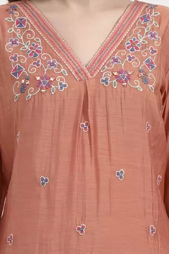 peach chanderi silk kantha work anarkali kurta trouser dupatta set