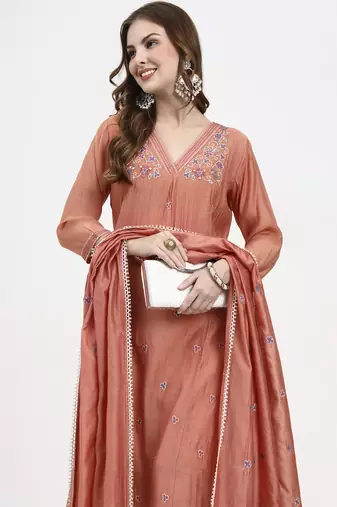 peach chanderi silk kantha work anarkali kurta trouser dupatta set