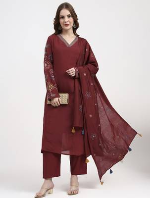 mul chanderi maroon kurta dupatt pant set 1