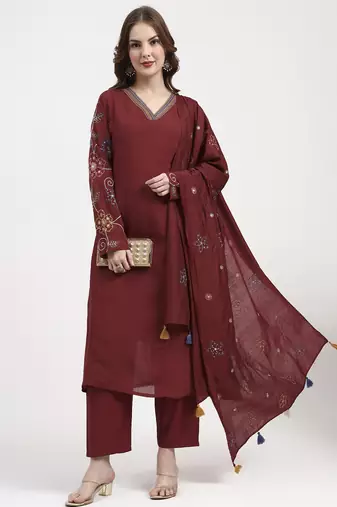 mul chanderi maroon kurta dupatt pant set