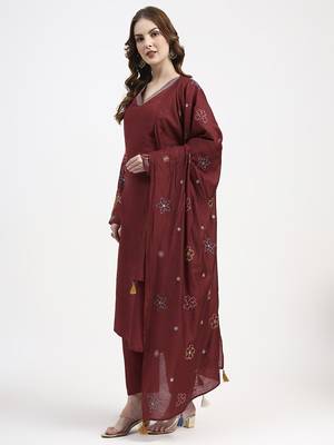 mul chanderi maroon kurta dupatt pant set 2