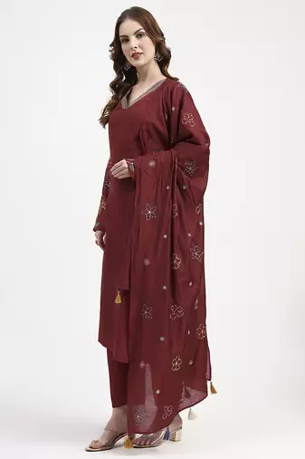 mul chanderi maroon kurta dupatt pant set