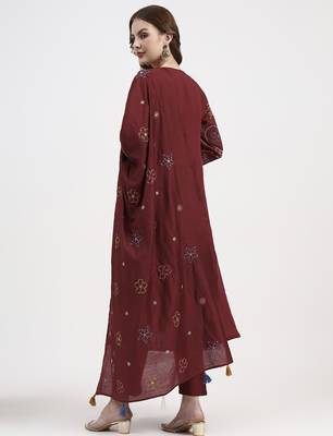 mul chanderi maroon kurta dupatt pant set 3