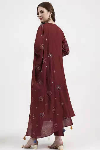 mul chanderi maroon kurta dupatt pant set