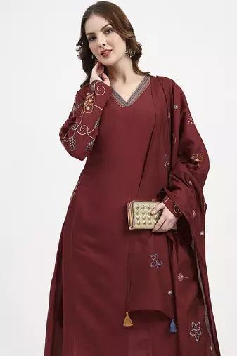 mul chanderi maroon kurta dupatt pant set