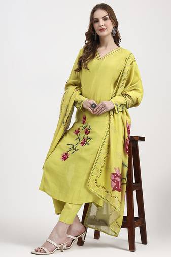 mul chanderi lemon yellow kurta dupatta pant set