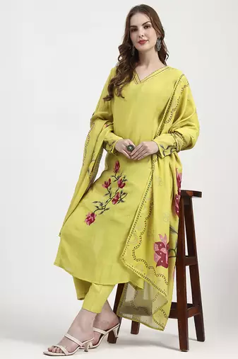 mul chanderi lemon yellow kurta dupatta pant set