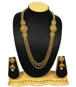 Traditional & Antique Bridal Long Mala Necklace Set with 3 line Golden Polish Beads for Traditional Women Jewellery