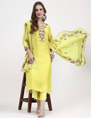 mul chanderi lemon yellow kurta dupatta pant set 1